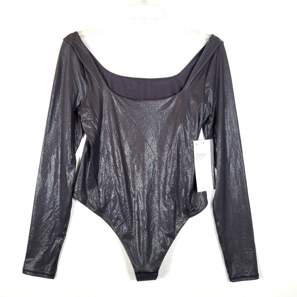 Lululemon Womens Nulu Bodysuit Size Large Black Square Neck Pilates Yoga Sheen
